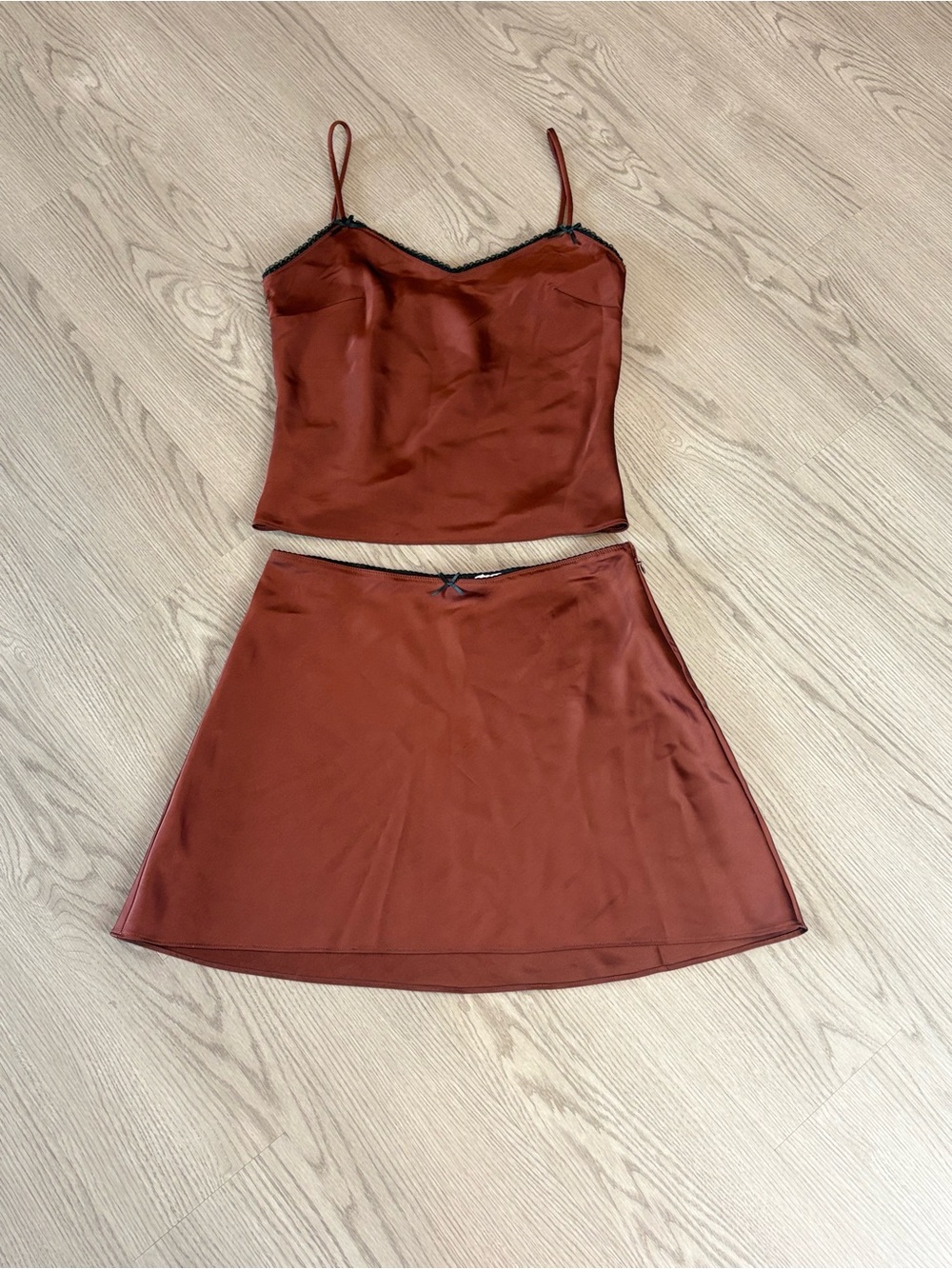 Astr Satin Camisole with Black Lace Trim in Rust